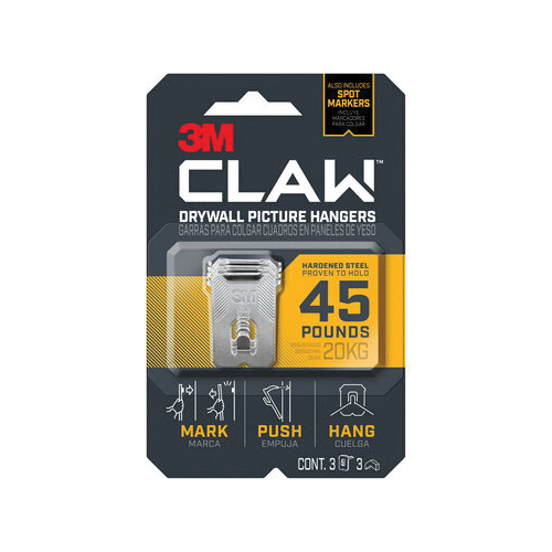 CLAW 3PH45M-3ES Drywall Picture Hanger, 45 lb, Steel, Push-In Mounting, 3/PK