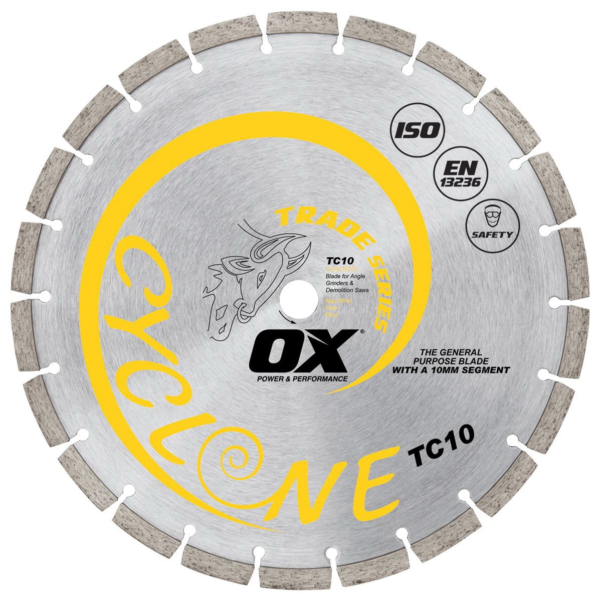 TRADE TC10 OX-TC10-14 Blade, 14 in Dia, 1 to 20 mm Arbor, Steel Cutting Edge, Segmented Rim