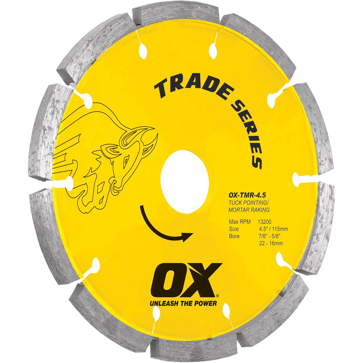TRADE TMR OX-TMR-4.5 Blade, 4-1/2 in Dia, 7/8 to 5/8 in Arbor, Segmented Rim