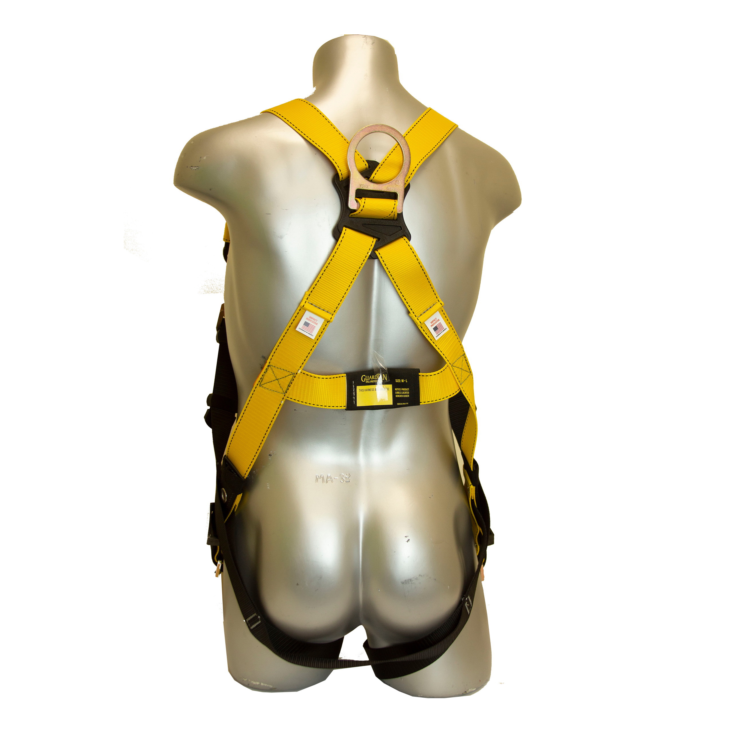 Guardian Fall Protection 37005B Full Body Harness, M/L, 130 to 420 lb, Polyester Webbing, Black/Yellow - 2