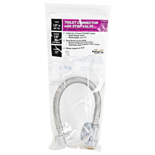 AquaPlumb CC10235 Toilet Supply Line, 1/2 in Inlet, 7/8 in Outlet, Female Outlet, Stainless Steel Tubing, 12 in L