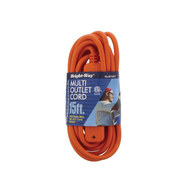 Bright-Way BT15FT Banana Tri Tap Extension Strip, 16 AWG Cable, 15 ft L Cable, Orange