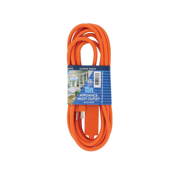 Bright-Way BT15FT Banana Tri Tap Extension Strip, 16 AWG Cable, 15 ft L Cable, Orange