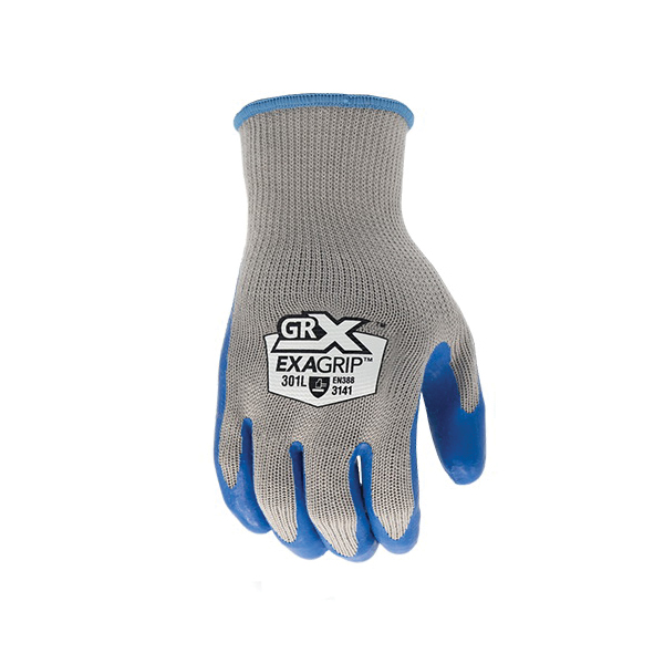 GRX ExaGrip Industrial GRXIND301-M Breathable Work Gloves, M, 10 in L, Latex Coating, Blue/Gray