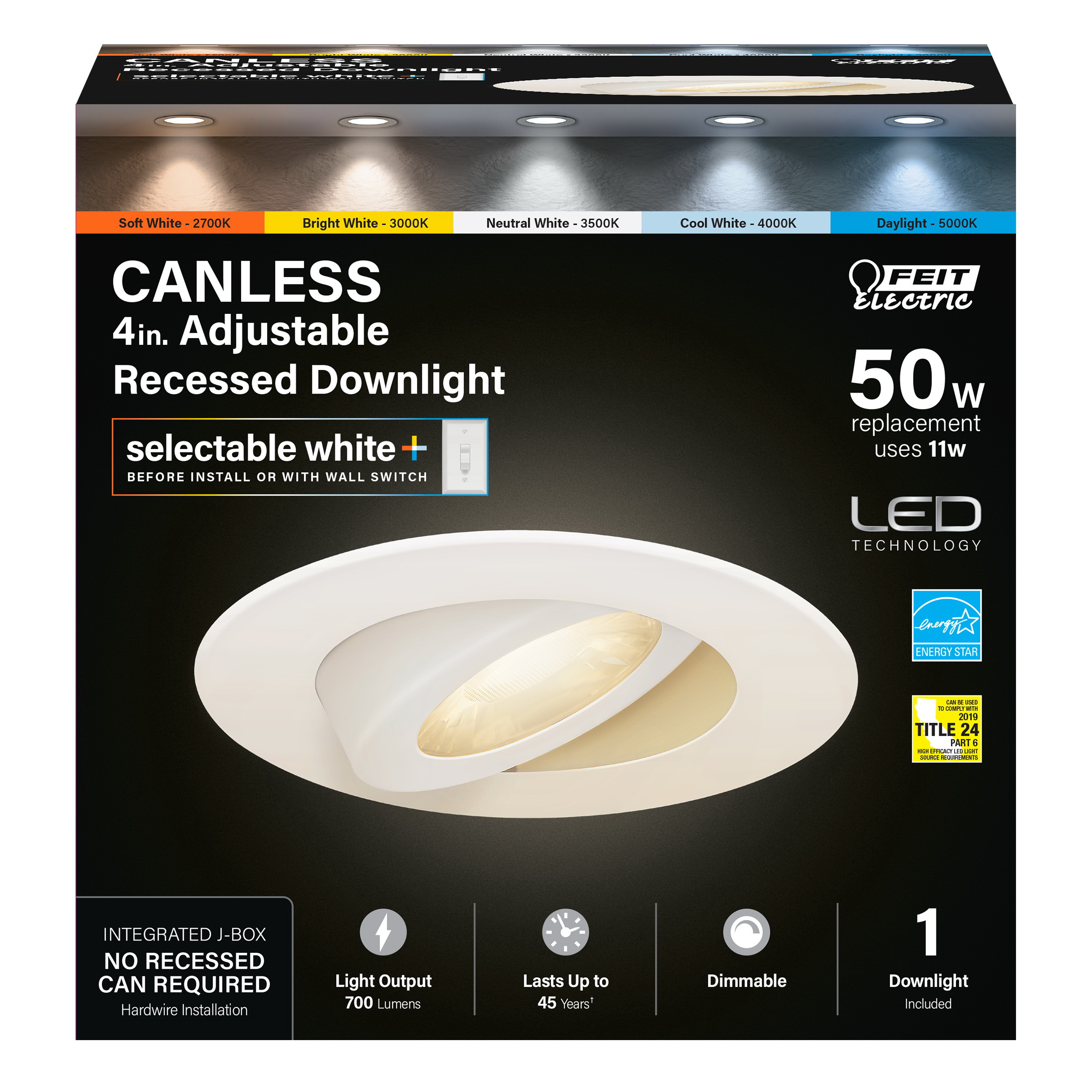 Feit Electric LEDR4XT/ADJ/6WYCA LED Downlight, 11 W, 120 V, LED Lamp, Aluminum/Plastic, White, Frost