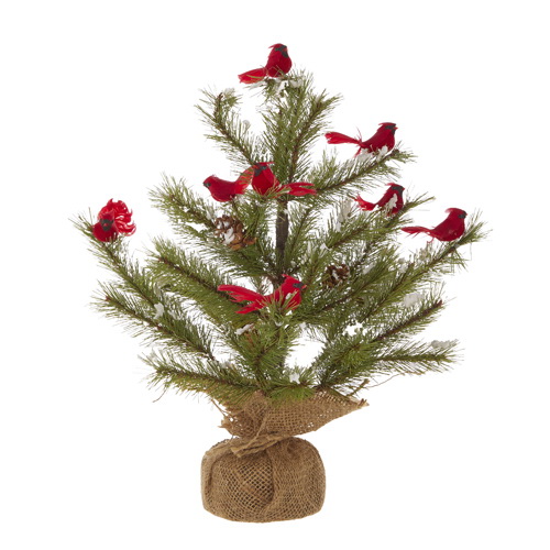 RAZ Imports 4102451 Christmas Tree with Cardinals in Burlap Bag, Pinecone/Plastic - 1