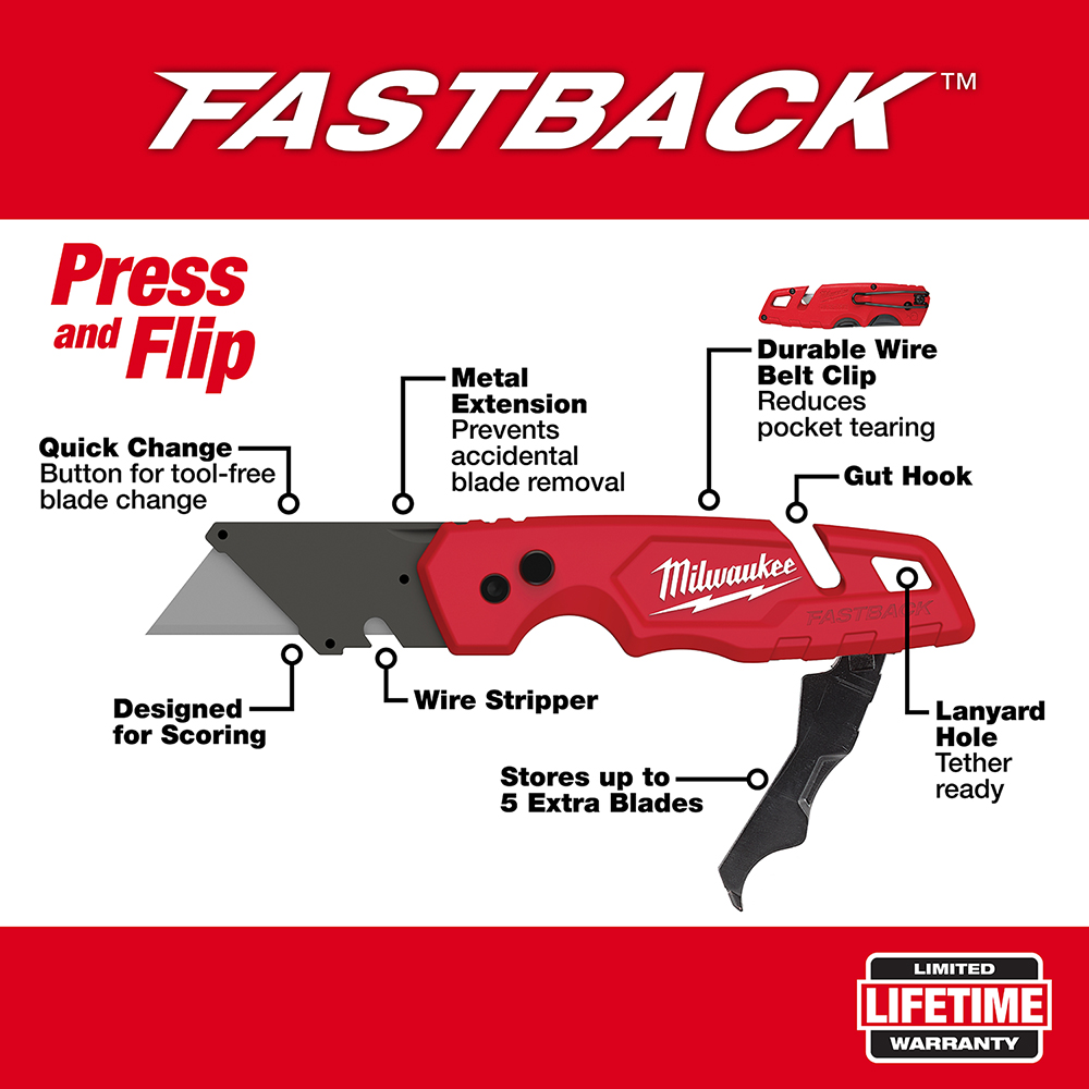 Fastback Folding Utility Knife and Blade Set, Milwaukee, 1-1/4 in L Blade, Steel Blade, 50-Blade - 2