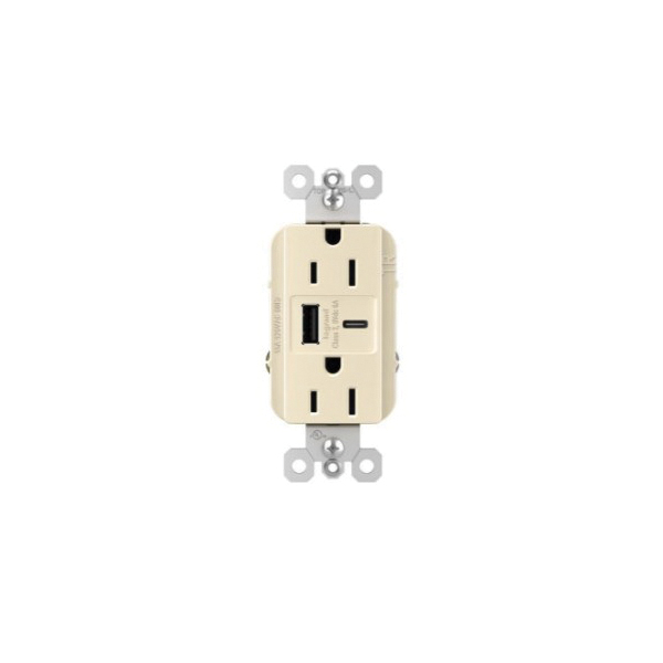 Legrand radiant R26USBAC6LACCV4 USB Outlet, 15 A, 125 V, Type A, C USB, NEMA: NEMA 5-15R, Light Almond