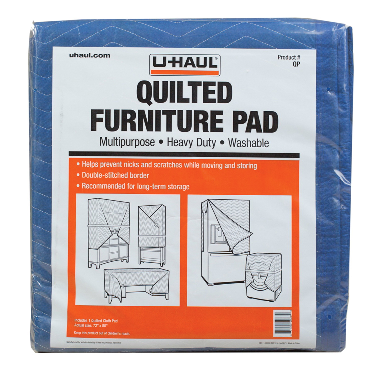 U-HAUL QP Quilted Pad, 72 in L, 80 in W, 1/8 in Thick, Cotton - 1