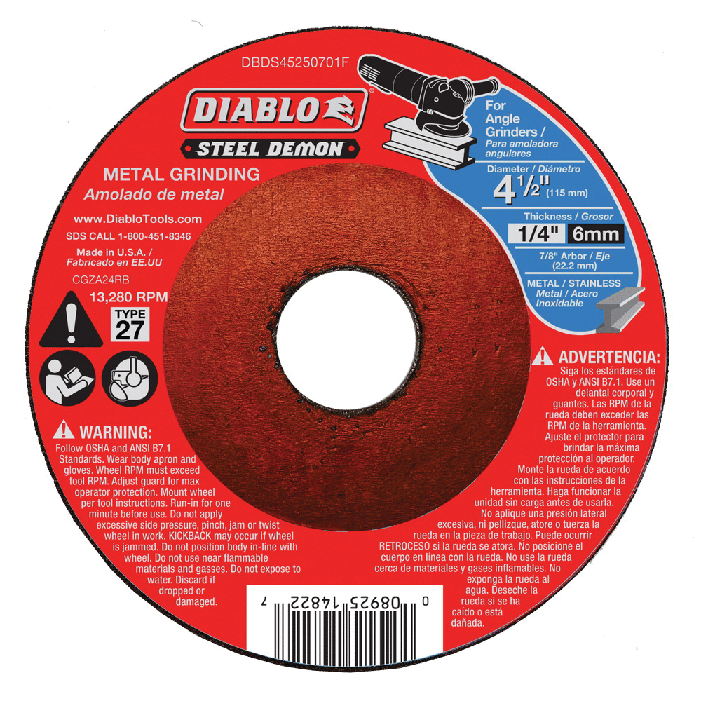 Steel Demon DBDS45250701F Grinding Disc, 4-1/2 in Dia, 7/8 in Arbor, Ceramic Abrasive