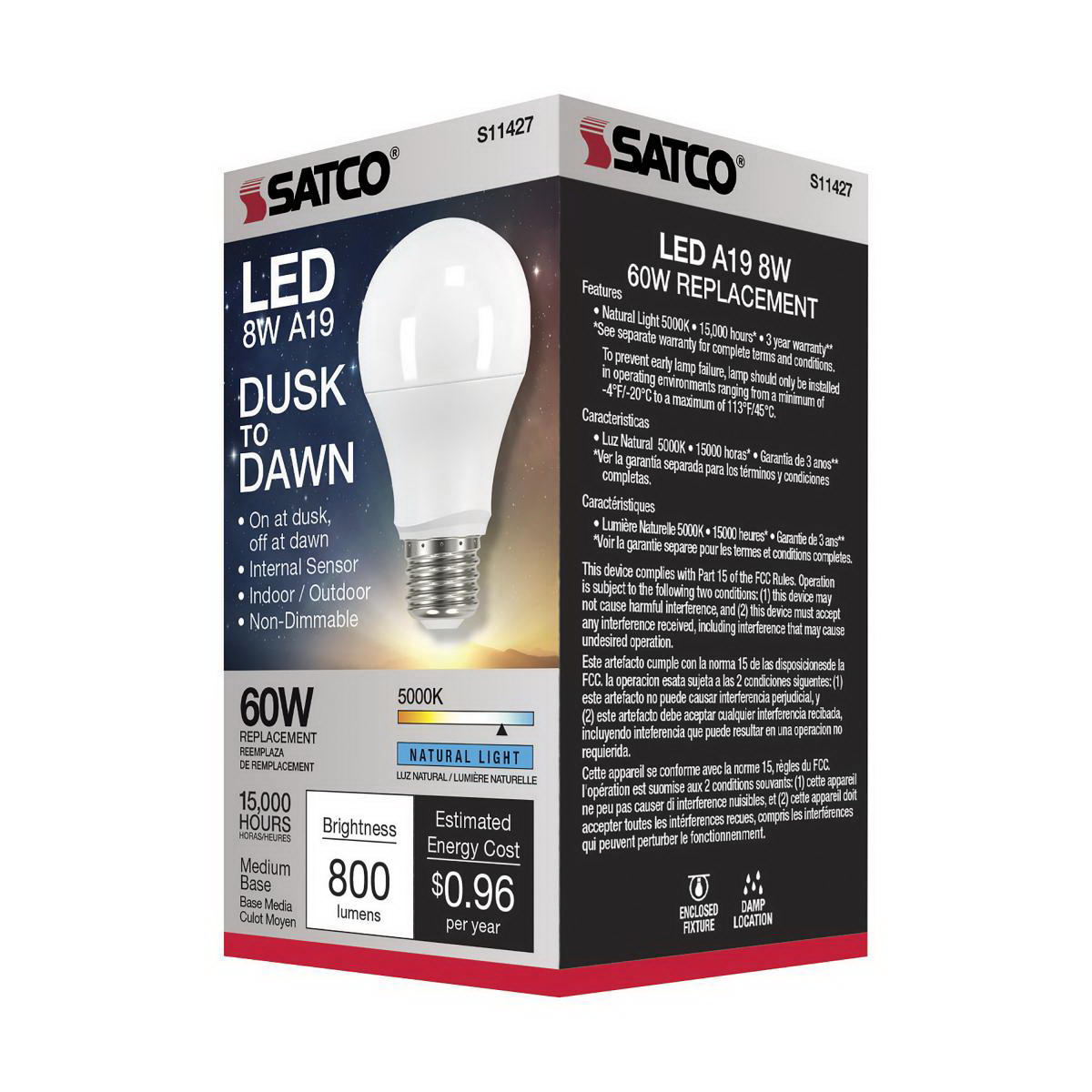 LED Bulb, Satco, 60 Watt Equivalent, A19, E26, 800 Lumens, 5000 K - 4