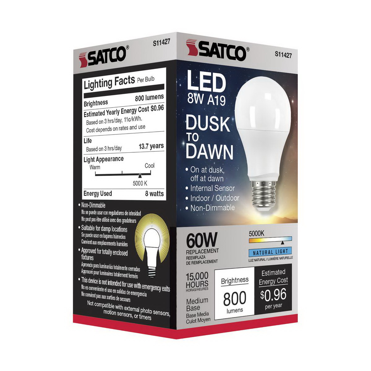 LED Bulb, Satco, 60 Watt Equivalent, A19, E26, 800 Lumens, 5000 K - 5