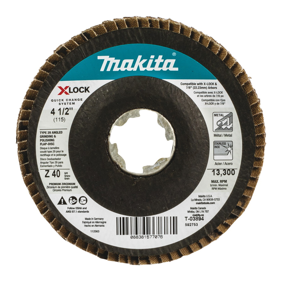 X-LOCK T-03894 Grinding and Polishing Flap Disc, 4-1/2 in Dia, 7/8 in Arbor, 40 Grit, Coarse