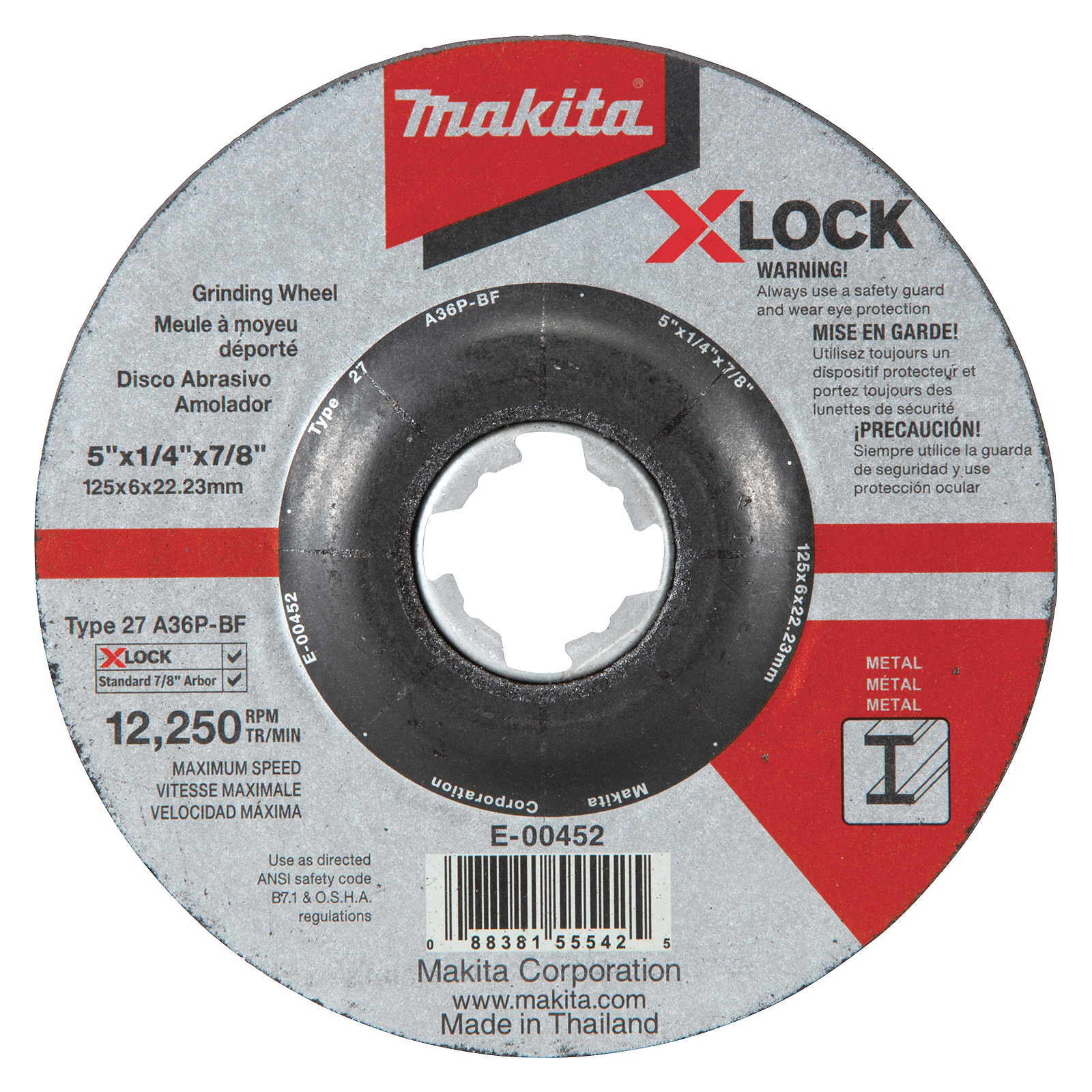 Makita X-LOCK E-00452 Grinding Wheel, 5 in Dia, 1/4 in Thick, 7/8 in Arbor, 36 Grit, Coarse