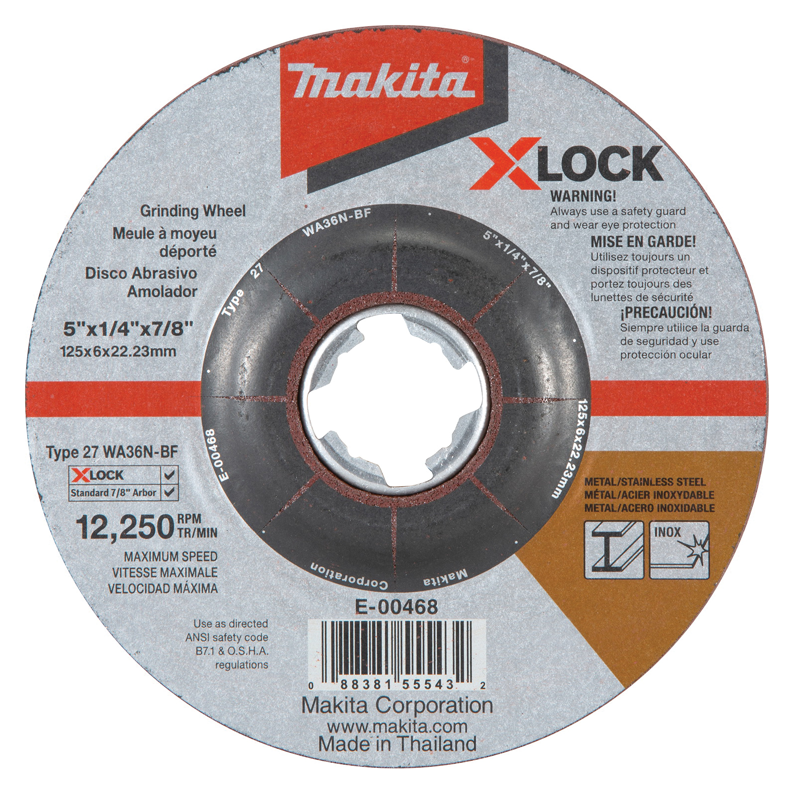 X-LOCK E-00468 Grinding Wheel, 5 in Dia, 1/4 in Thick, 7/8 in Arbor, 36 Grit, Coarse
