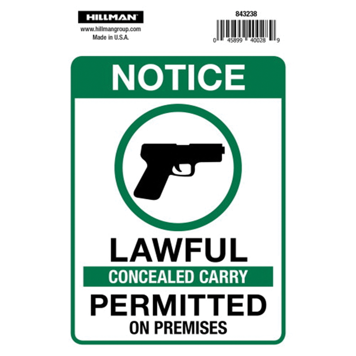 Hillman 843238 Notice Sign, Lawful Concealed Carry Permitted On Premises, White Background, Aluminum