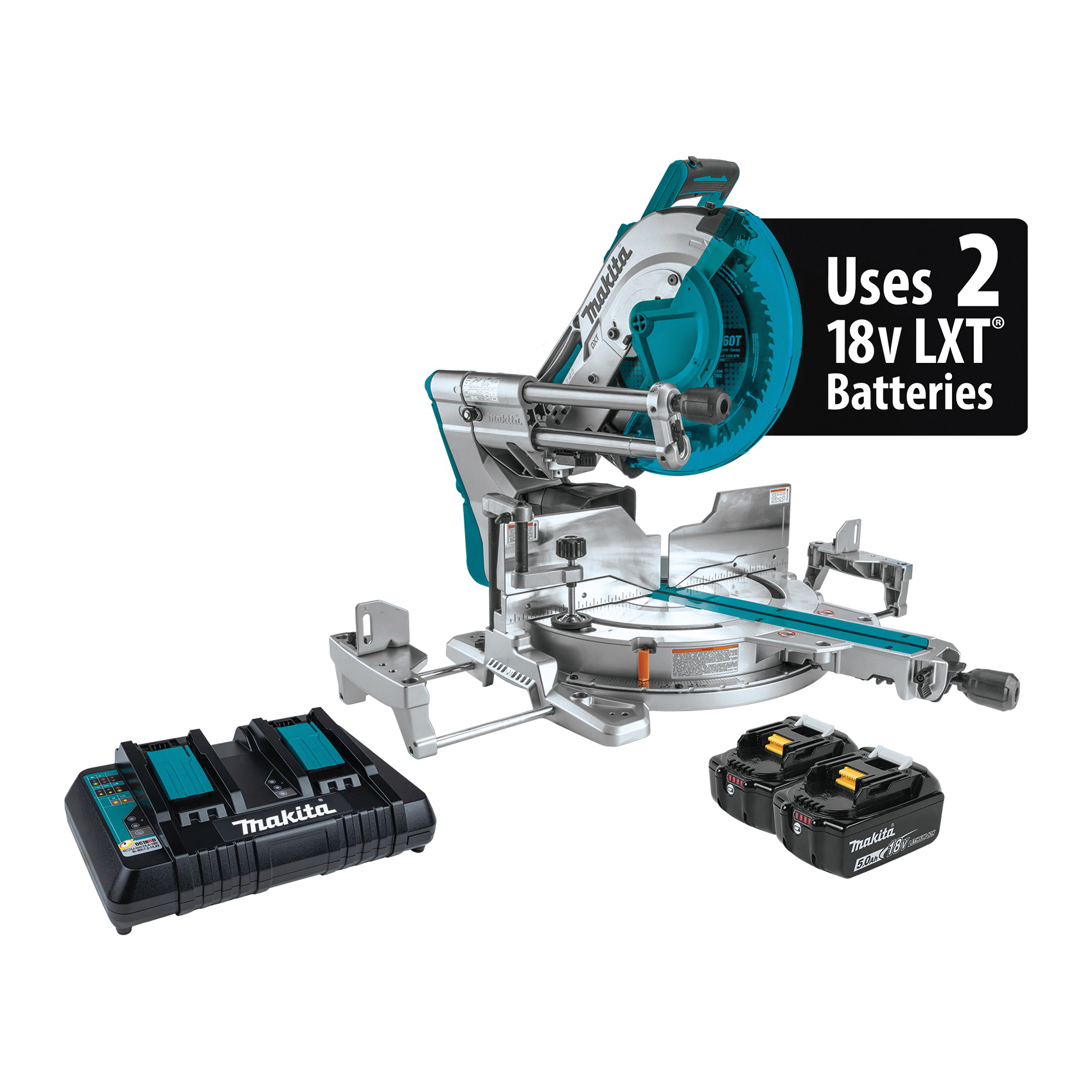 Makita LXT XSL07PT Miter Saw with Laser Kit, Battery, 12 in Dia Blade, 4400 rpm Speed, 0 to 60 deg Max Miter Angle