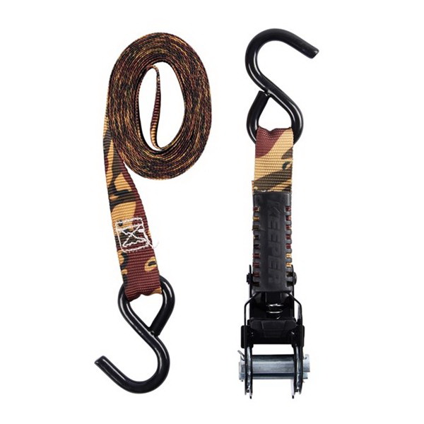 85400 Tie-Down, Ratchet Adjustment, 1 in W, 12 ft L, Desert Camo, 500 lb Working Load, S-Hook End, 1/PK