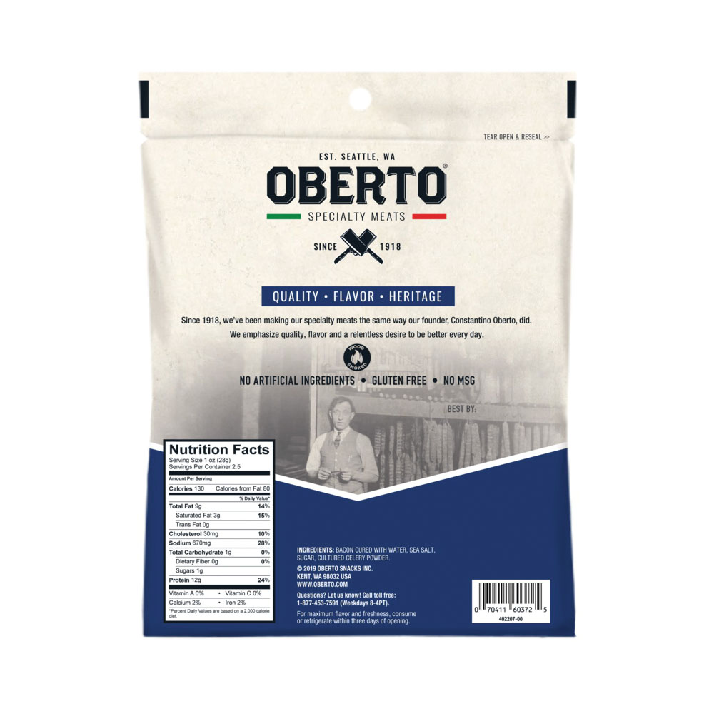 Oberto 1760 Bacon Jerky, Applewood Smoke, 2.5 oz, Bag