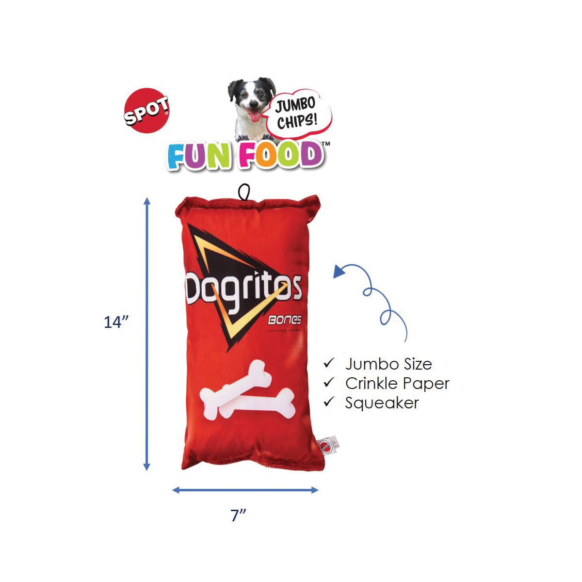 Spot Fun Food 54589 Dog Toy, Jumbo, Plush, Squeaker Toy, Dogritos Chips, Nylon