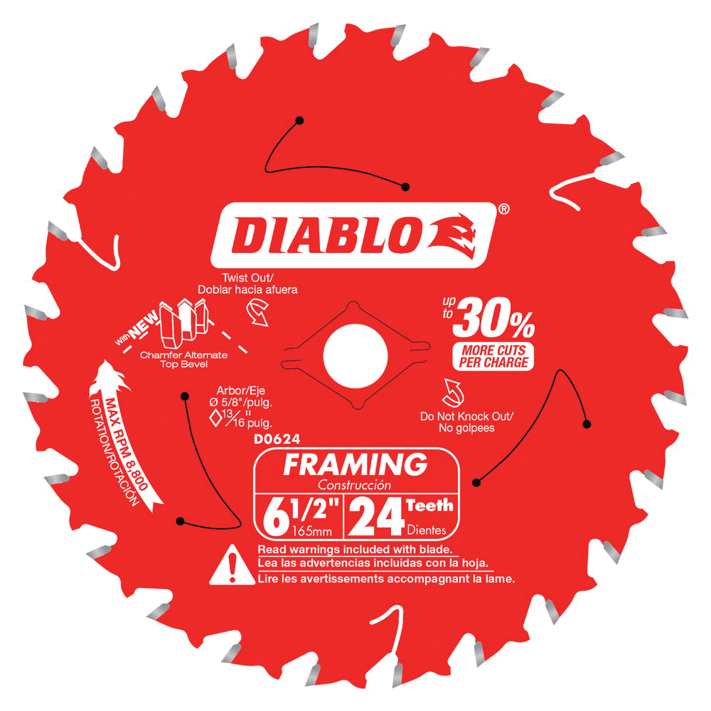 D0624X3 Framing Saw Blade, 6-1/2 in Dia, 5/8 in Arbor, 24-Teeth, Carbide Cutting Edge