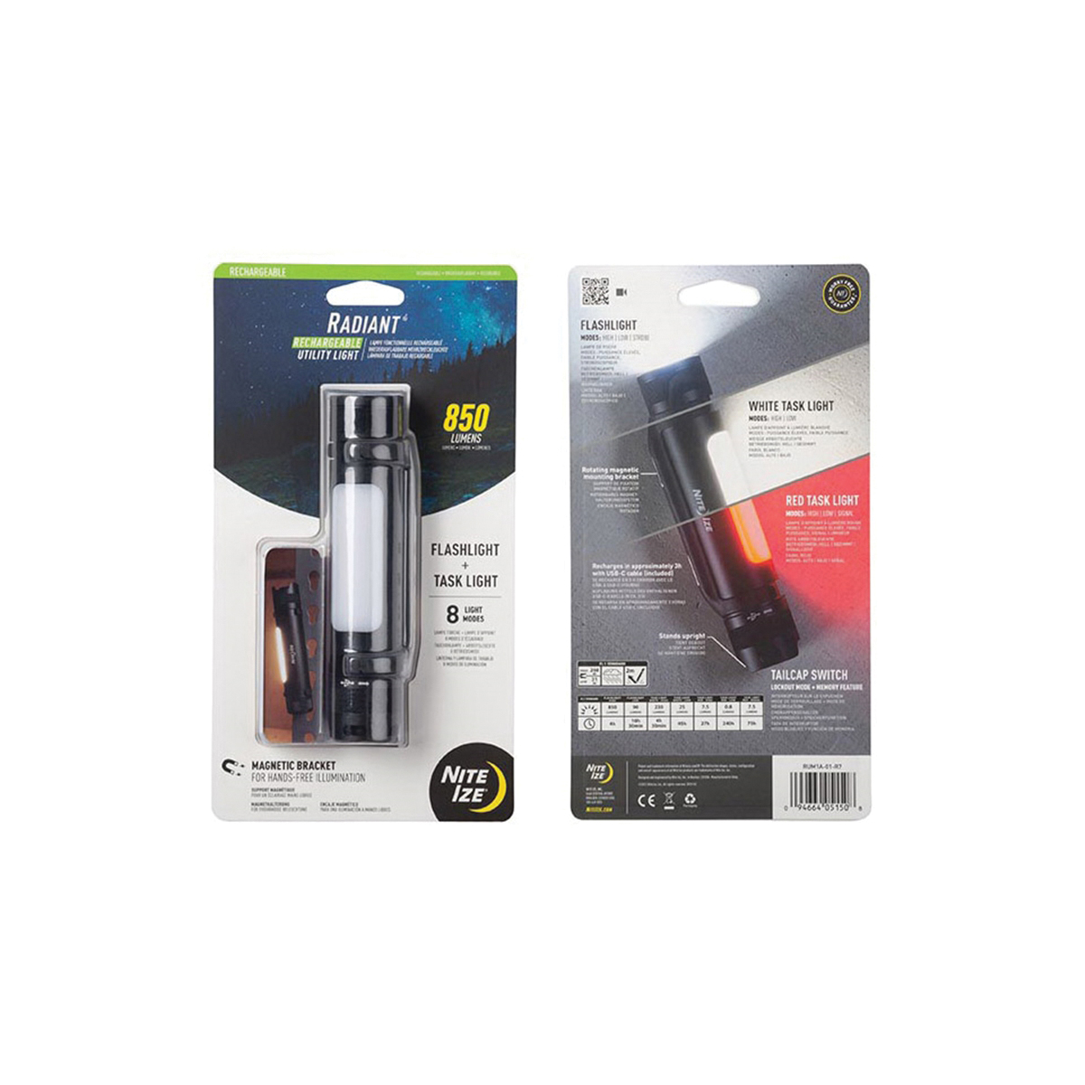 Nite Ize Radiant Series RUM1A-01-R7 Rechargeable Utility Light, Rechargeable, 850 Lumens Lumens, 4 hr Run Time, Black - 3