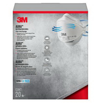 3M Aura Series 9205P-10-DC 3-Panel Particulate Respirator, One-Size Mask, N95 Filter Class, 95 % Filter Efficiency