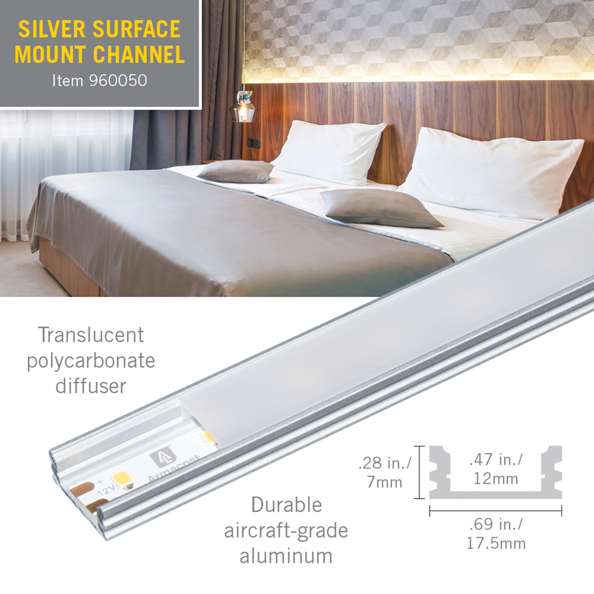 Armacost Lighting 960050 Mounting Channel, 39 in L x 0.69 in W x 0.28 in H Dimensions, Specifications: Surface Mount - 4
