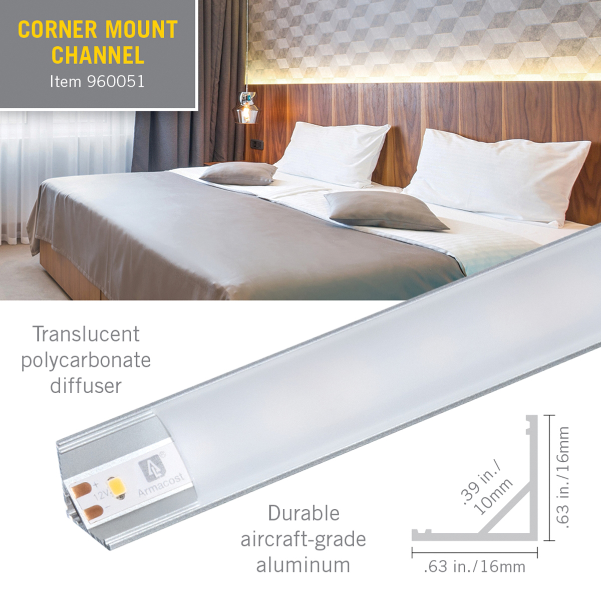 Armacost Lighting 960051 Mounting Channel, 39 in L x 0.63 in W x 0.63 in H Dimensions, Specifications: Corner-Mount - 4