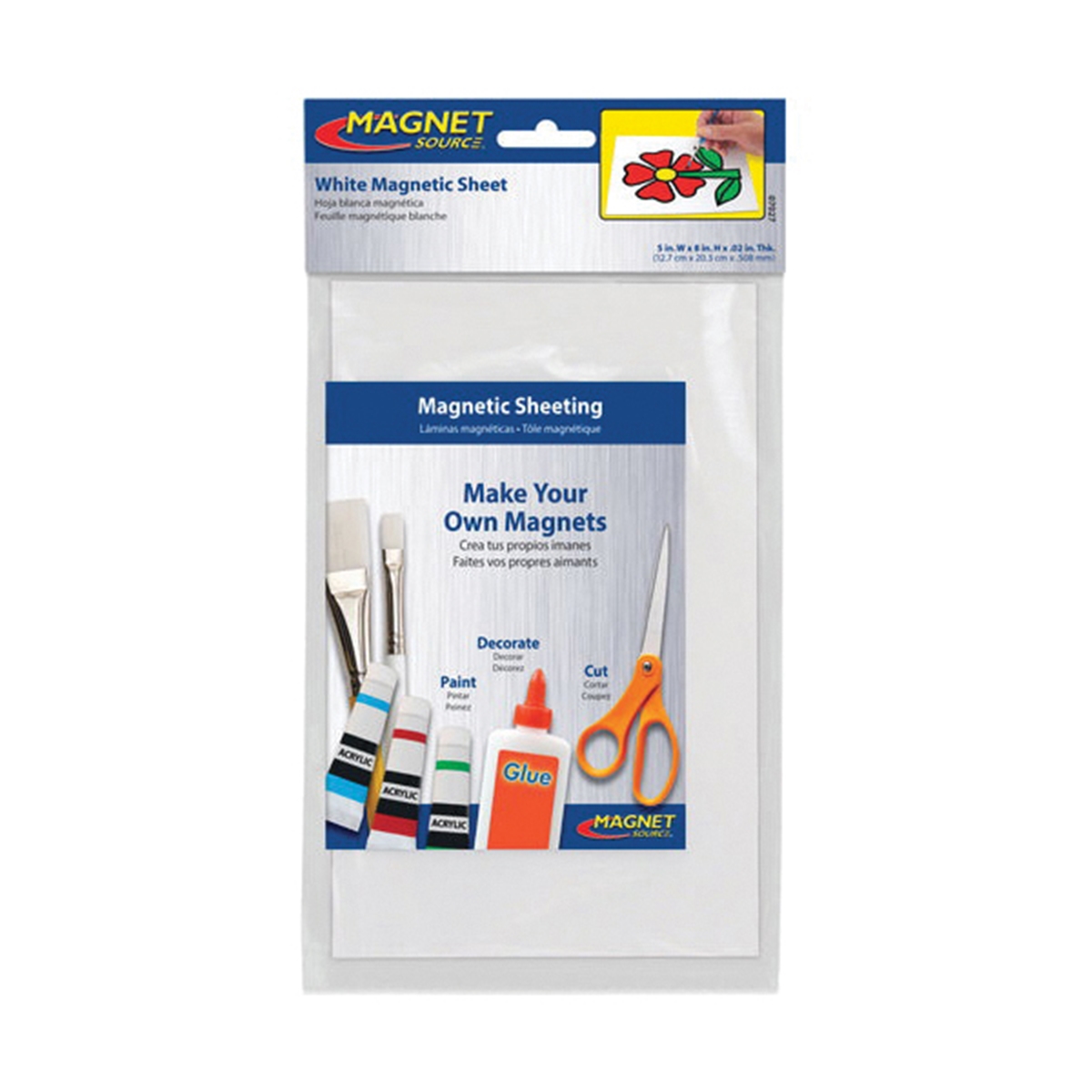 Magnet Source 07027 Flexible Magnetic Sheet, 8 in L, 5 in W, 0.02 in Thick, Vinyl, White