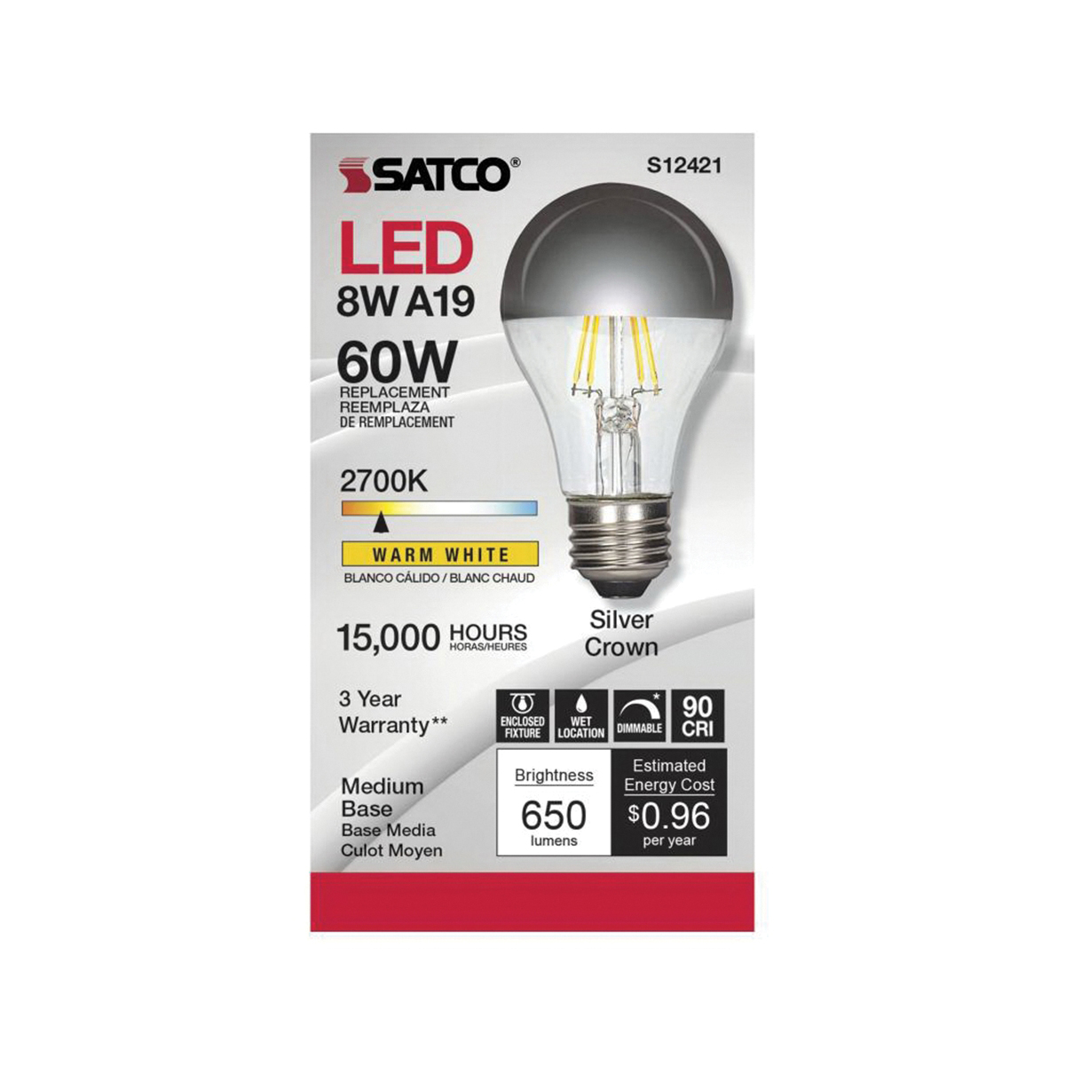 LED Bulb, Satco, 60 Watt Equivalent, A19, E26, 650 Lumens, 2700 K - 2