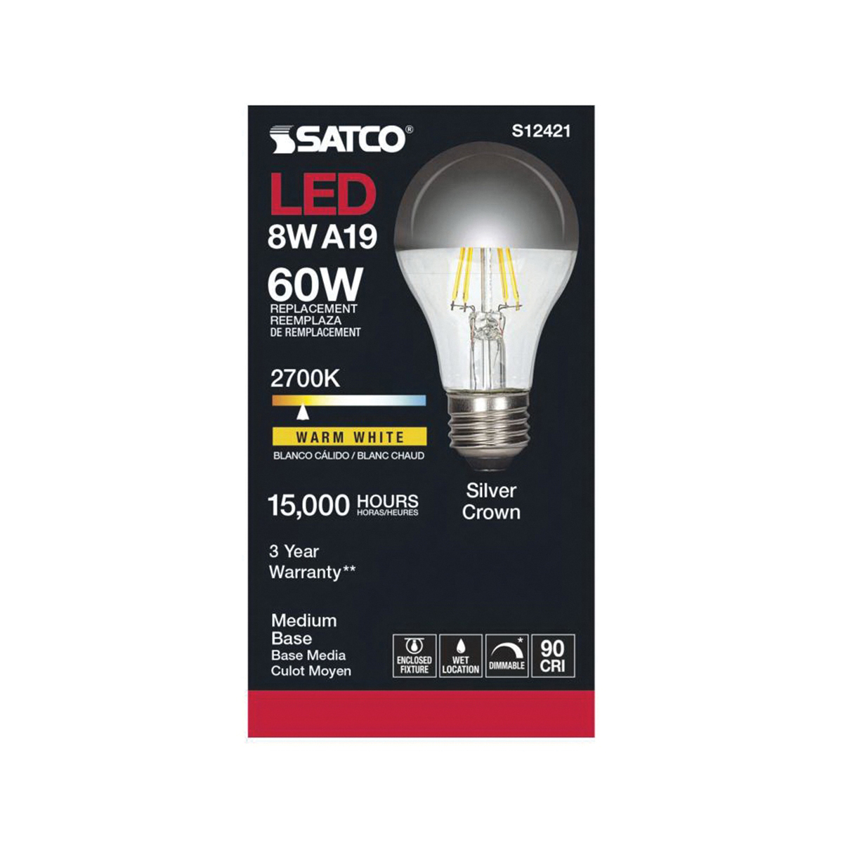 LED Bulb, Satco, 60 Watt Equivalent, A19, E26, 650 Lumens, 2700 K - 3