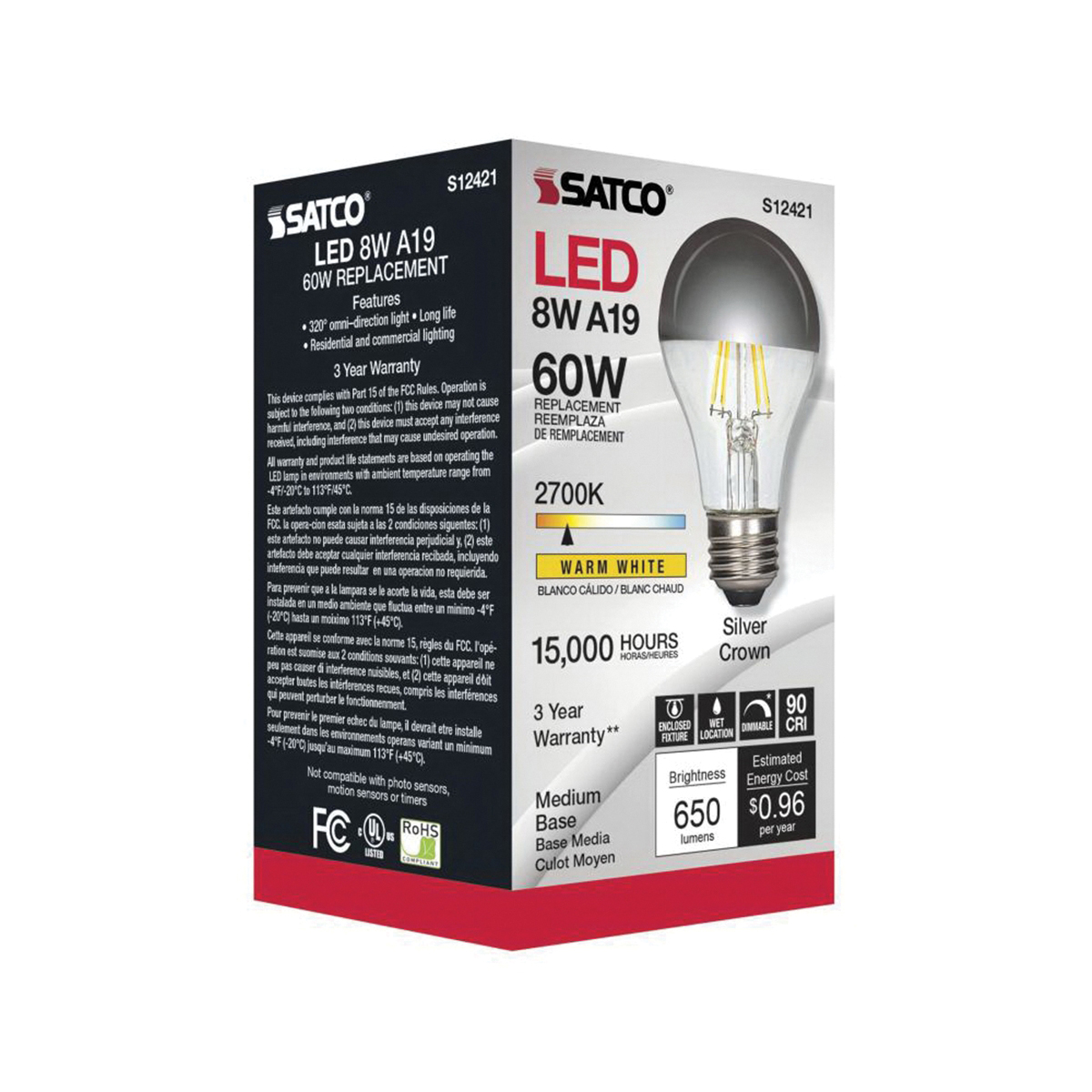 LED Bulb, Satco, 60 Watt Equivalent, A19, E26, 650 Lumens, 2700 K - 4