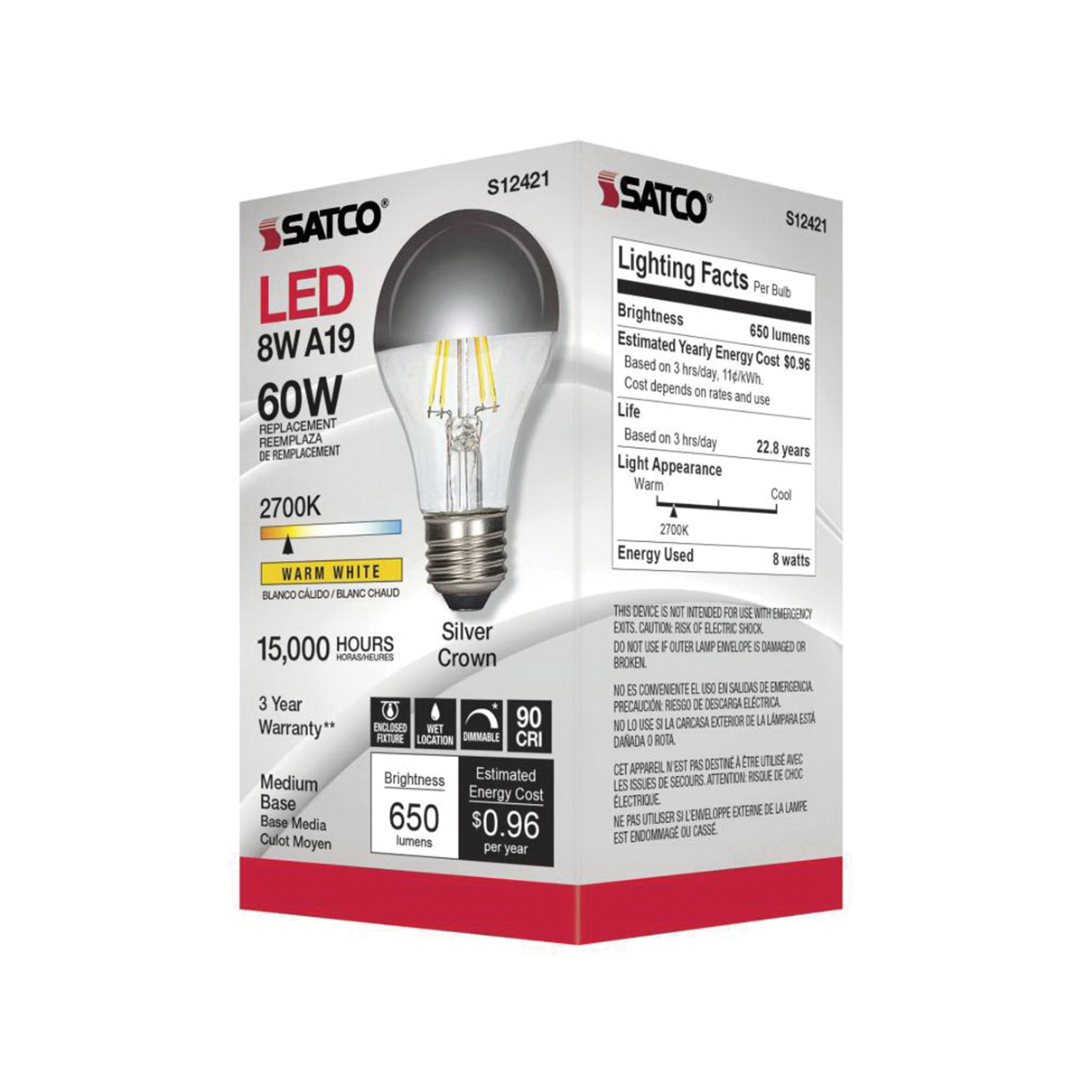 LED Bulb, Satco, 60 Watt Equivalent, A19, E26, 650 Lumens, 2700 K - 5