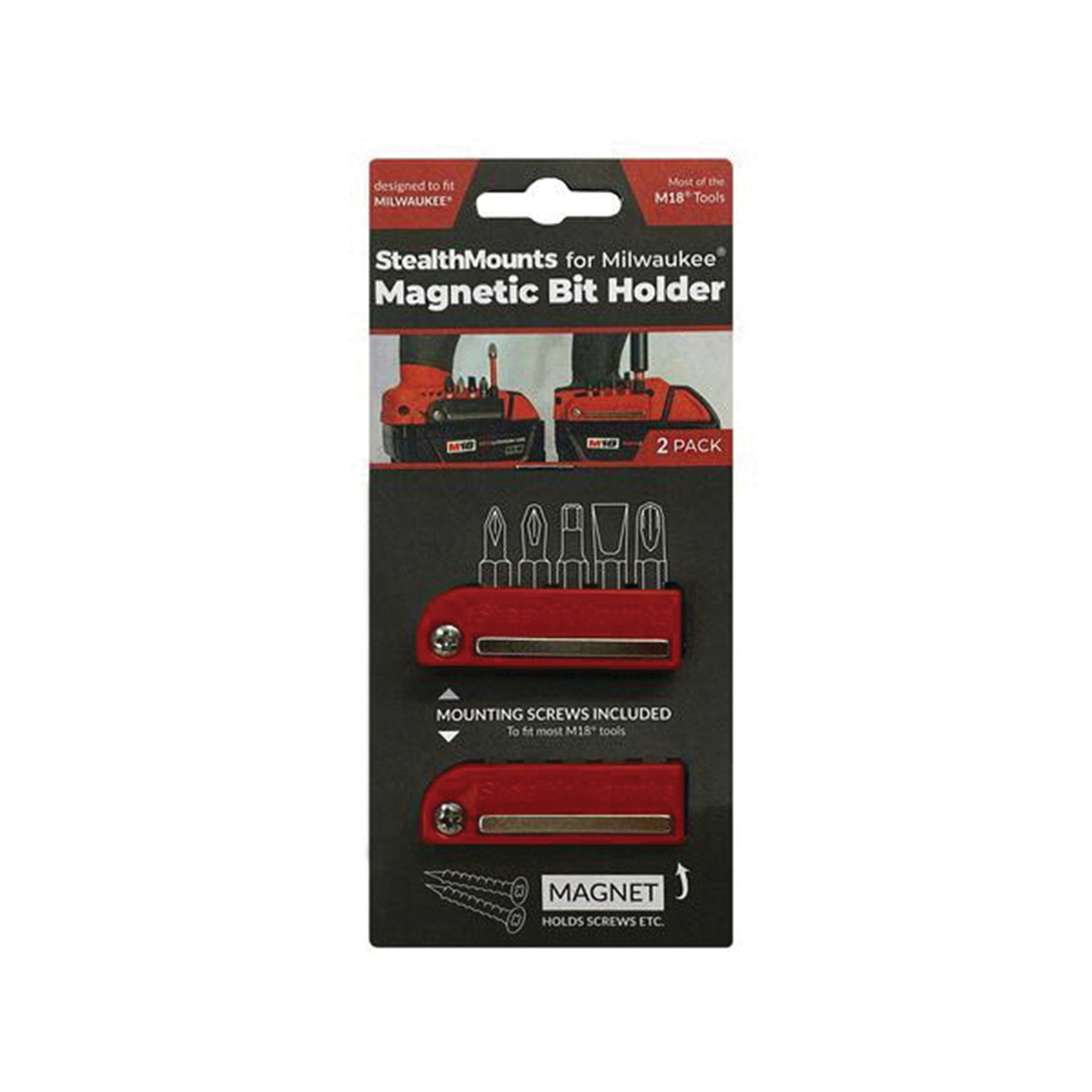 StealthMounts BH-MW18-RED-2 Magnetic Bit Holder, ABS, For: Milwaukee M18 Tools, 2/PK - 2