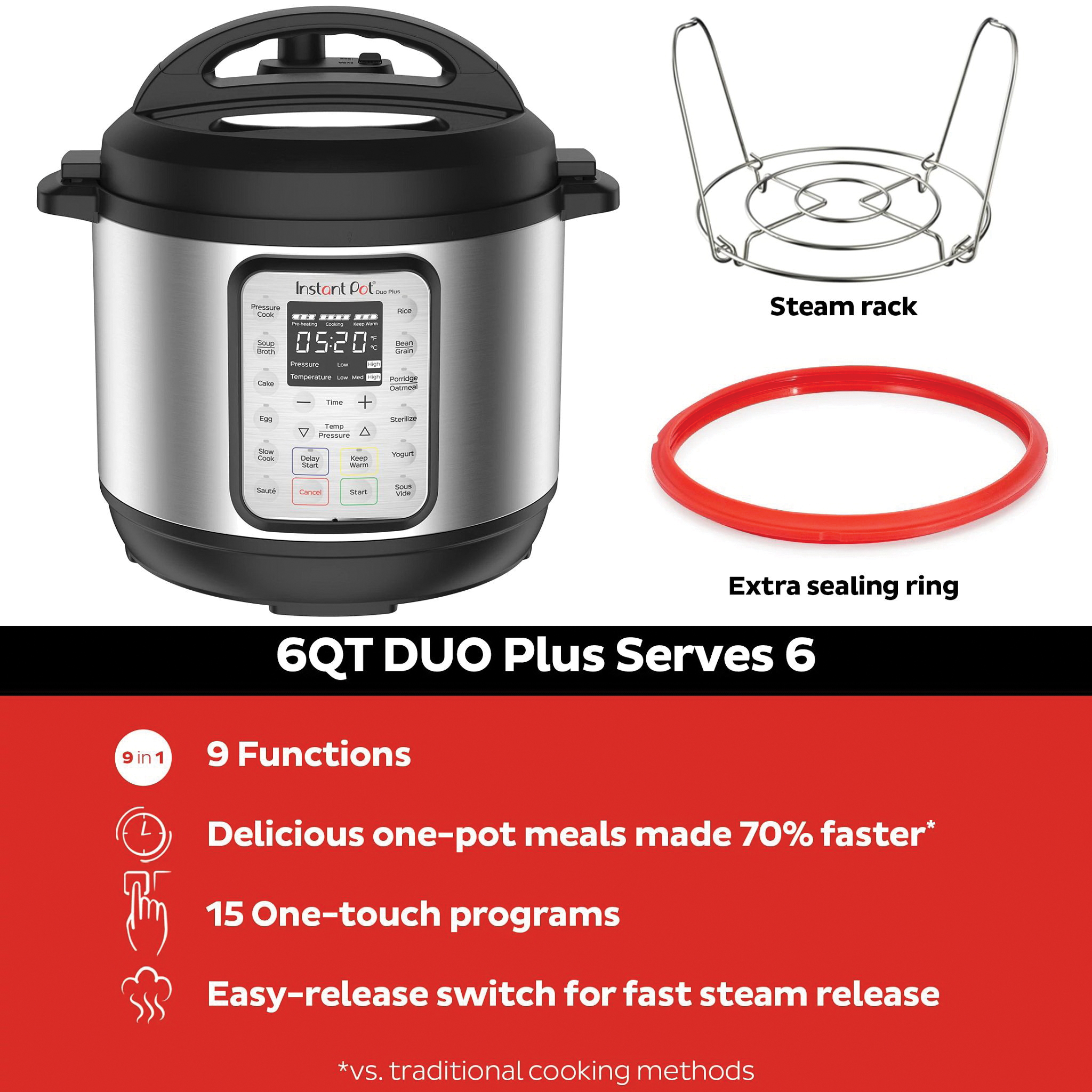 Instant Duo Series 112-0126-01 Deep Fryer, 6 qt Capacity, 1000 W, Button Control, 18/8 Stainless Steel, Black, 12.2 in L
