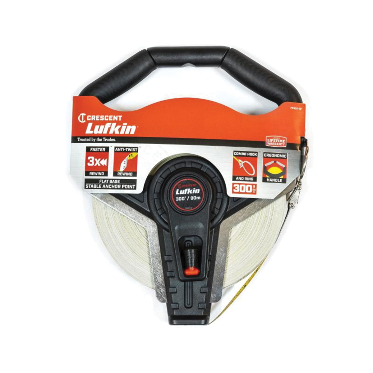 Crescent Lufkin FE300-02 Long Tape Measure, 300 ft L Blade, 1/2 in W Blade, Fiberglass Blade