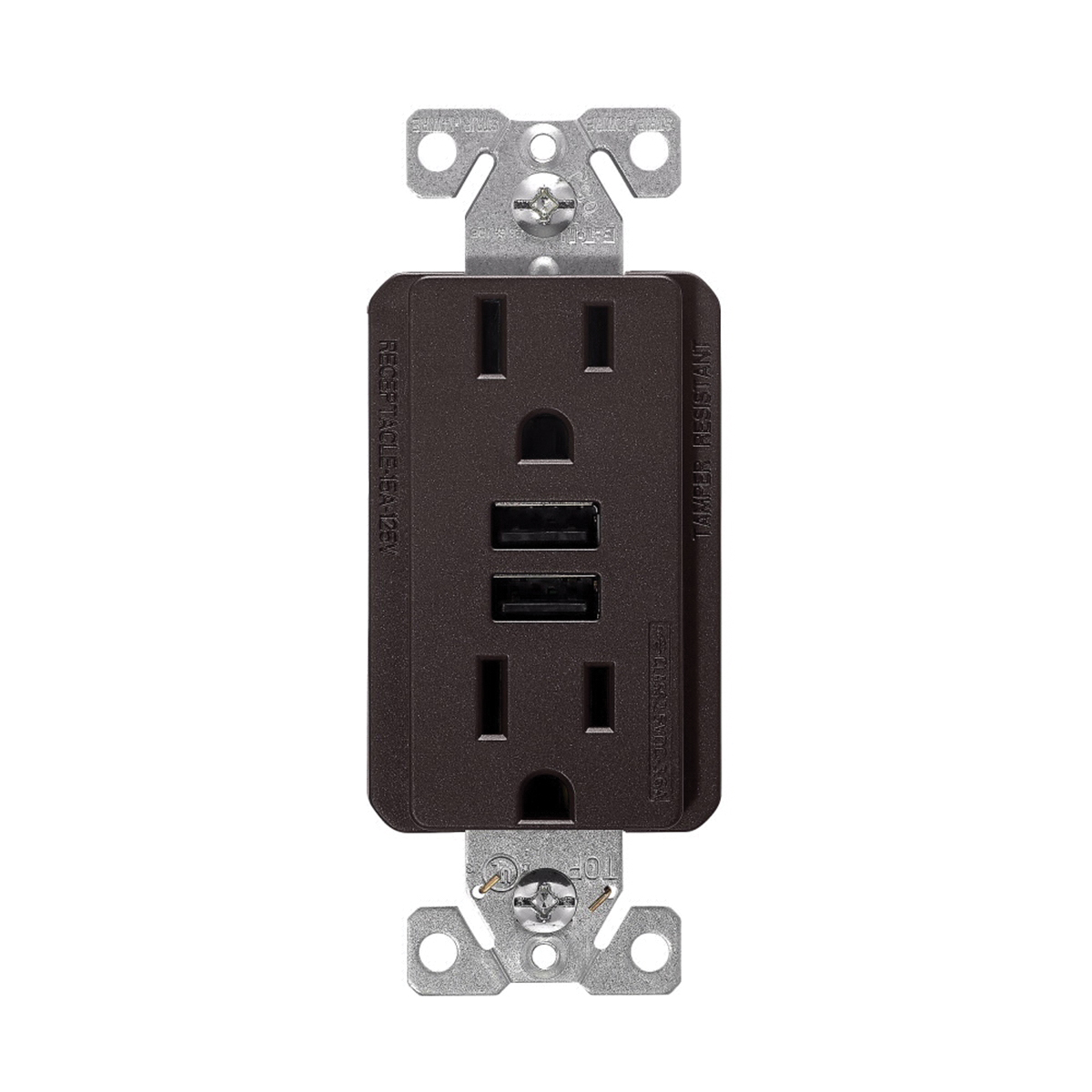 TR7765RB-KB-L Series USB Combination Receptacle, Type A, 2-Pole, 15 A at 125 VAC, 3.6 A at 5 VDC, NEMA 5-15R, Oil-Rubbed Bronze
