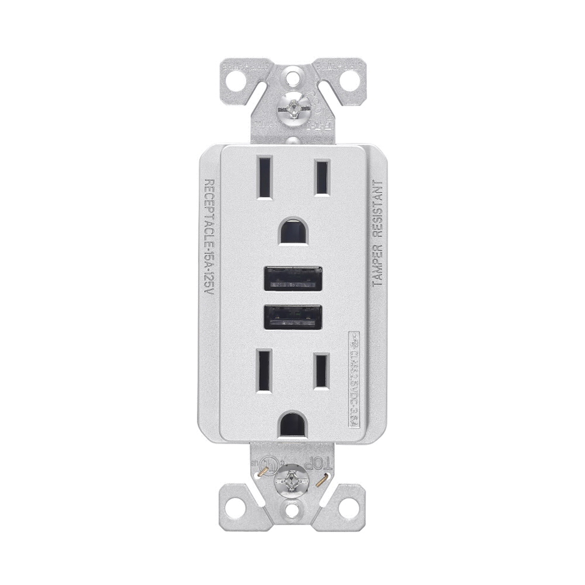 TR7765SG-KB-L Series USB Combination Receptacle, Type A, 2-Pole, 15 A at 125 VAC, 3.6 A at 5 VDC, NEMA 5-15R, Silver Granite