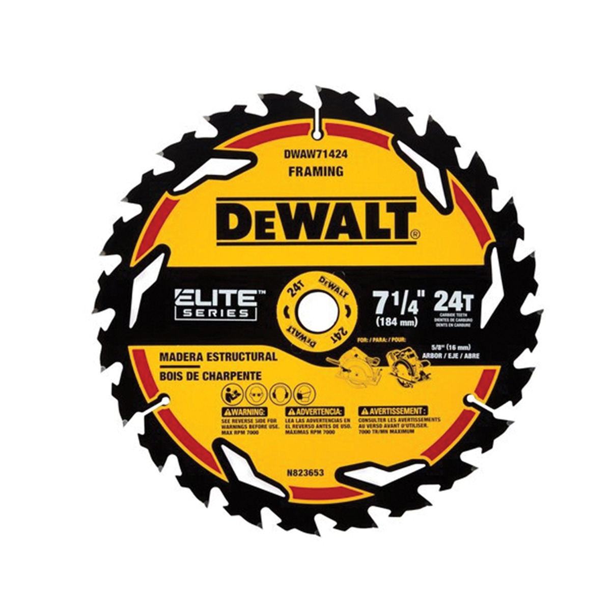 ELITE DWAW71424 Circular Saw Blade, 7-1/4 in Dia, 24-Teeth, Tungsten Carbide Cutting Edge