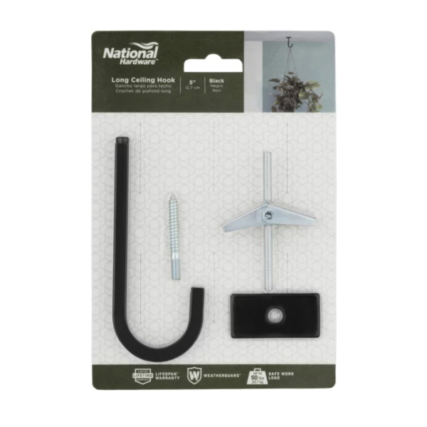 National Hardware N275-510 Long Hook, 5 in H, Steel, Black, Ceiling, Screw Mounting