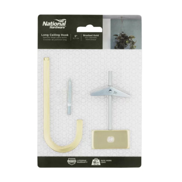 National Hardware N275-533 Long Hook, 5 in H, Steel, Brushed Gold, Ceiling, Screw Mounting