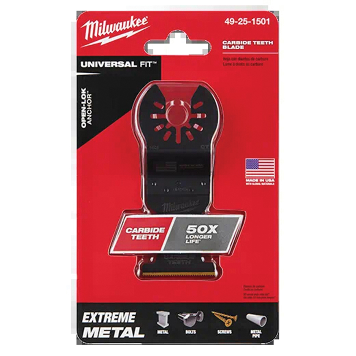 Milwaukee 49-25-1501 Blade, 1-3/8 in, Carbide/HCS/Titanium, 2 in D Cutting, 1/PK