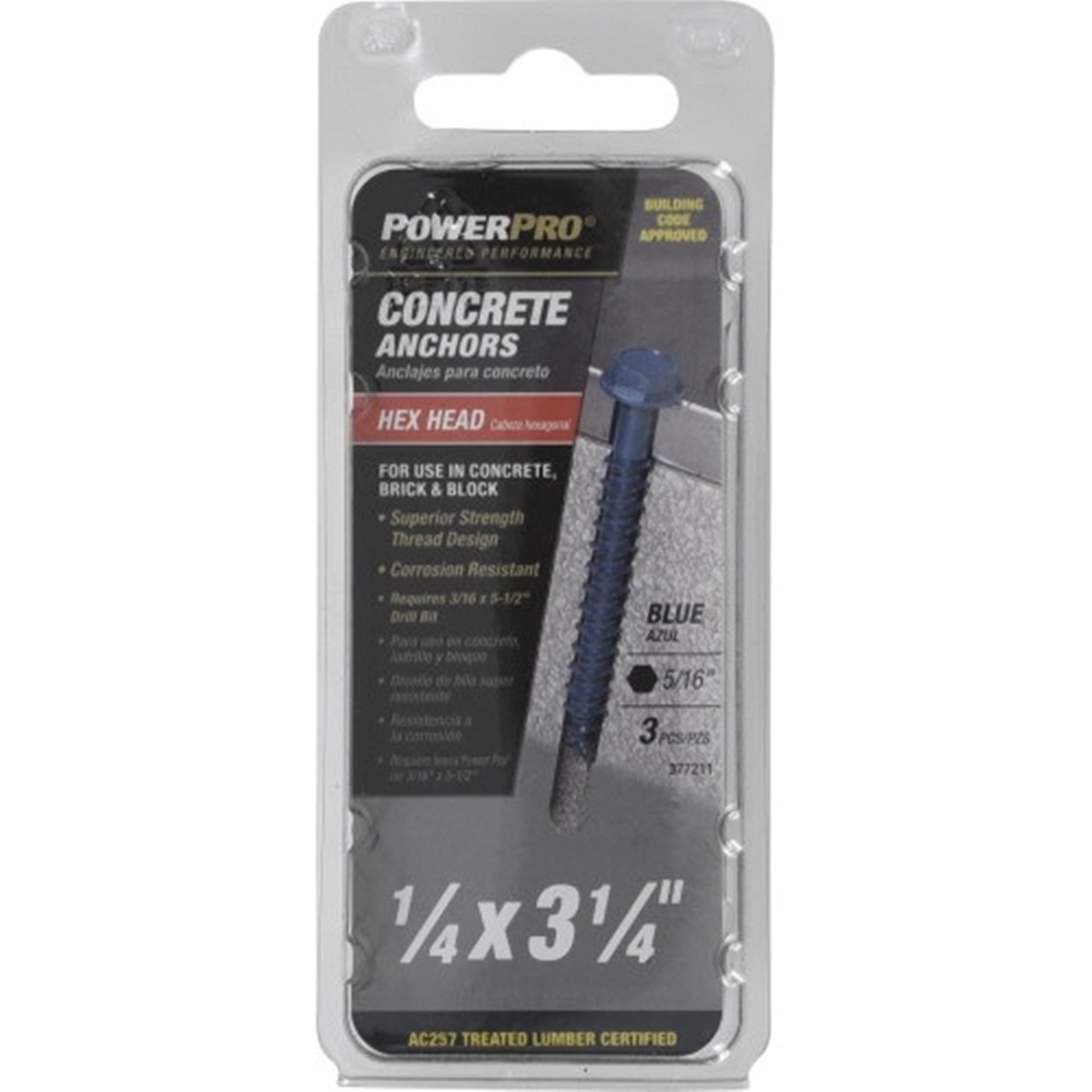 Concrete Screw Anchor, Power Pro, Blue, Hex-Drive, Washer-Head, 1/4 in x 3-1/4 in, 3 PC - 5