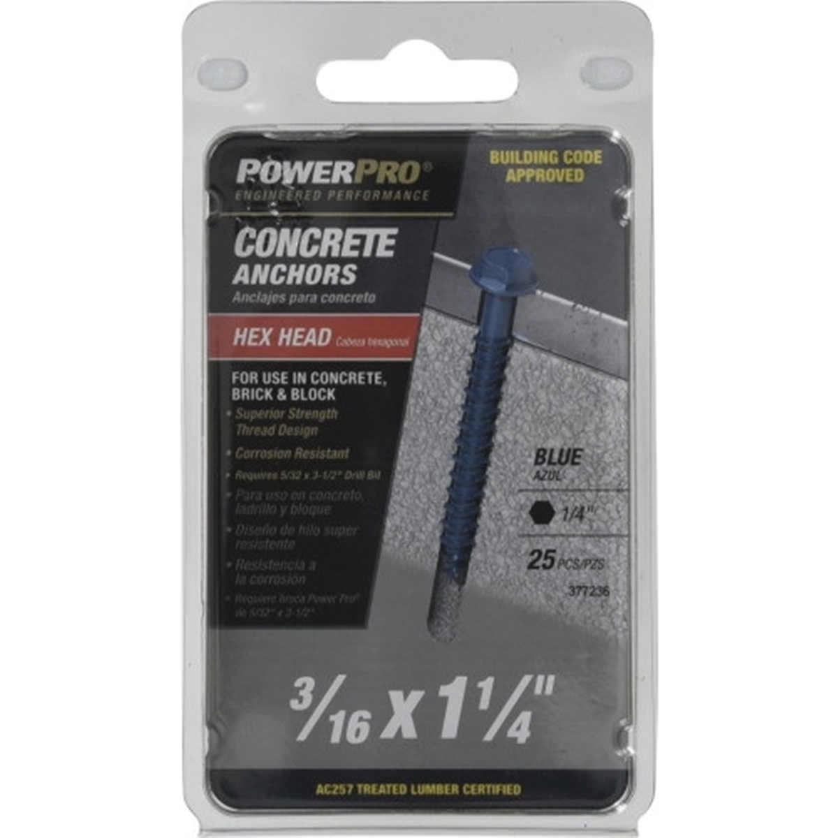Power Pro 377236 Concrete Screw Anchor, 3/16 in Dia, 1-1/4 in L, Carbon Steel, Epoxy-Coated, Blue, 25/PK