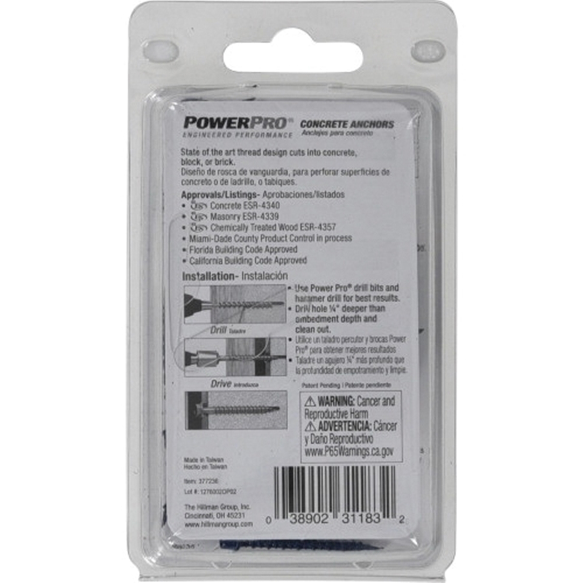 Power Pro 377236 Concrete Screw Anchor, 3/16 in Dia, 1-1/4 in L, Carbon Steel, Epoxy-Coated, Blue, 25/PK