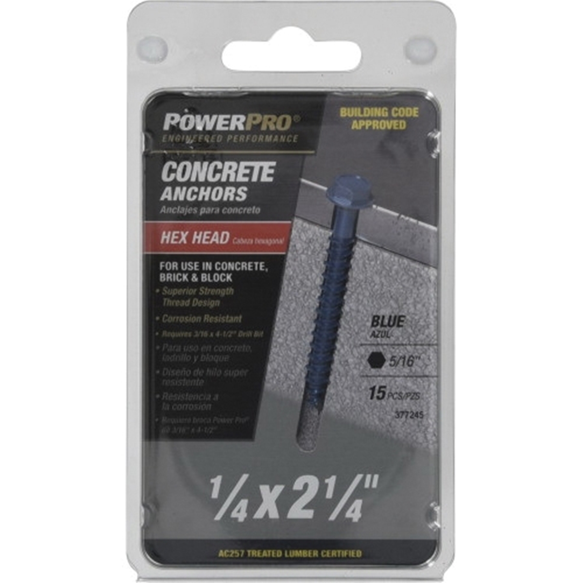 Concrete Screw Anchor, Power Pro, Blue, Hex-Drive, Washer-Head, 1/4 in x 2-1/4 in, 15 PC - 4