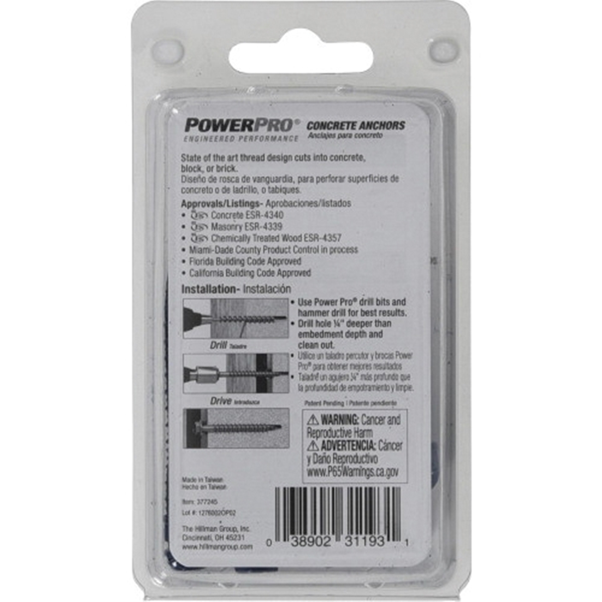 Concrete Screw Anchor, Power Pro, Blue, Hex-Drive, Washer-Head, 1/4 in x 2-1/4 in, 15 PC - 5