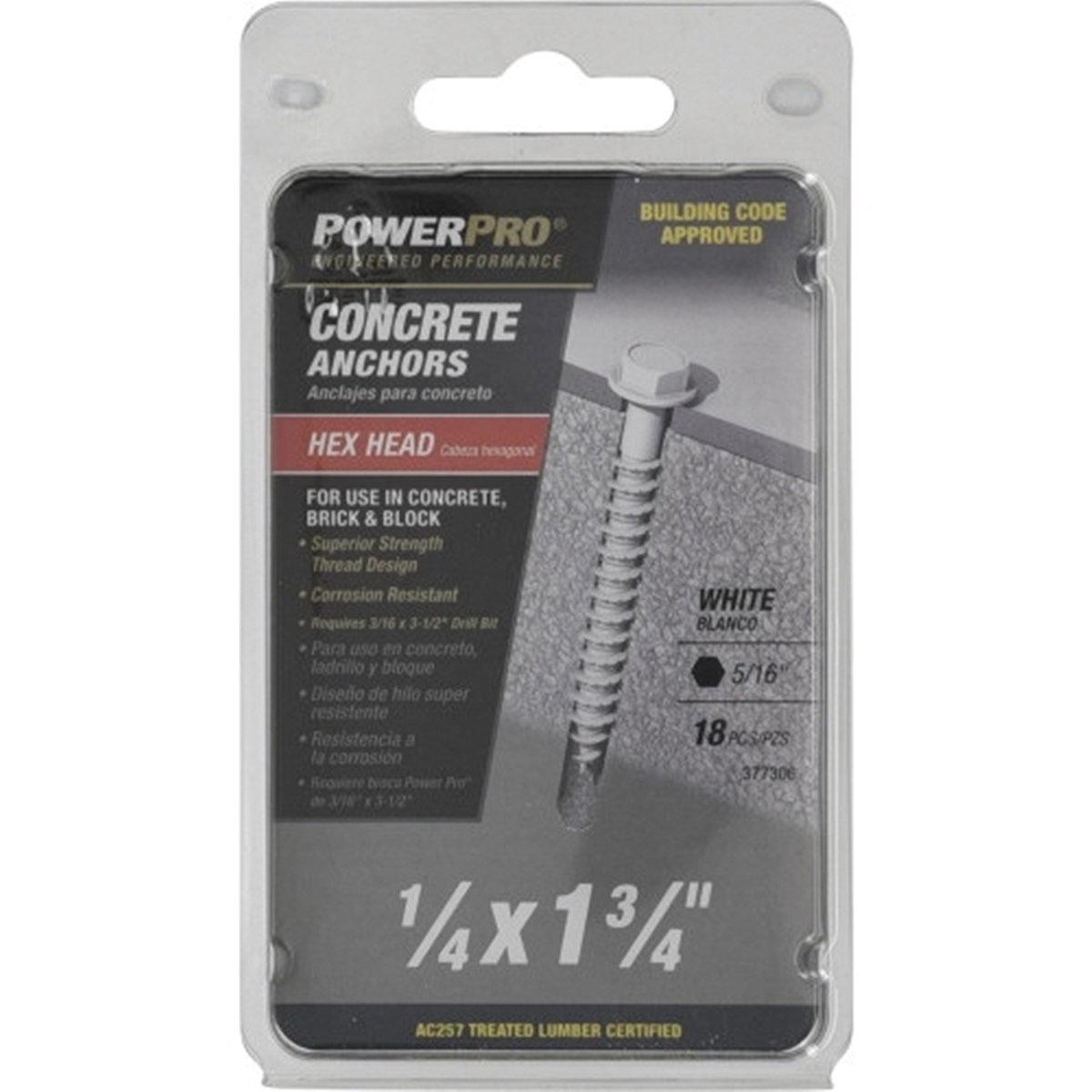 Power Pro 377306 Concrete Screw Anchor, 1/4 in Dia, 1-3/4 in L, Carbon Steel, Epoxy-Coated, White, 18/PK