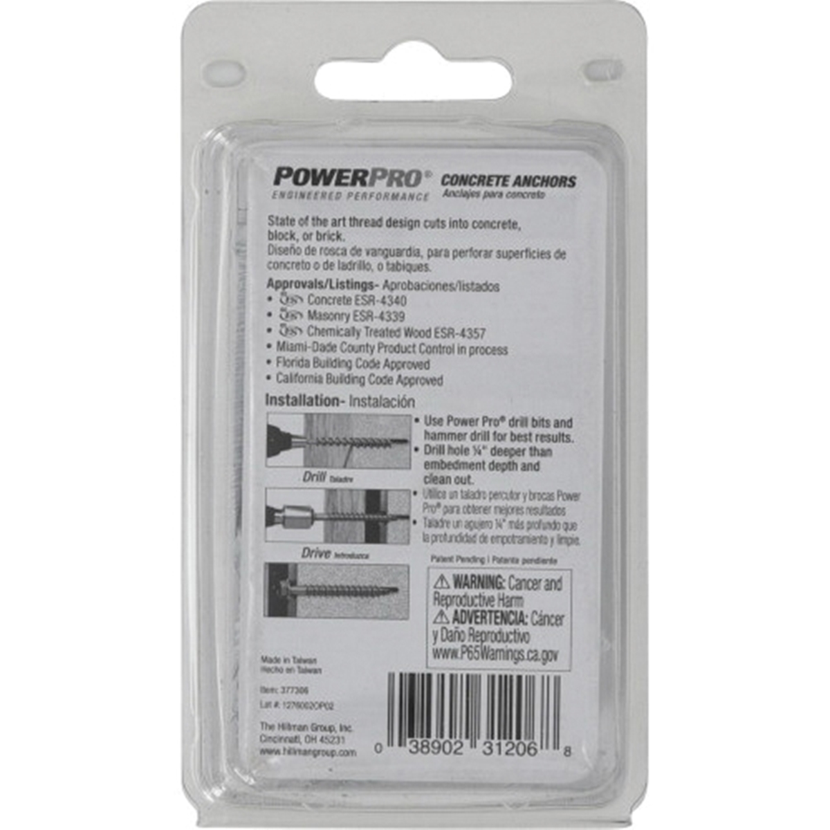 Power Pro 377306 Concrete Screw Anchor, 1/4 in Dia, 1-3/4 in L, Carbon Steel, Epoxy-Coated, White, 18/PK